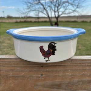 Vintage Ceramic Baking Dish with Rooster Design and Blue Rim